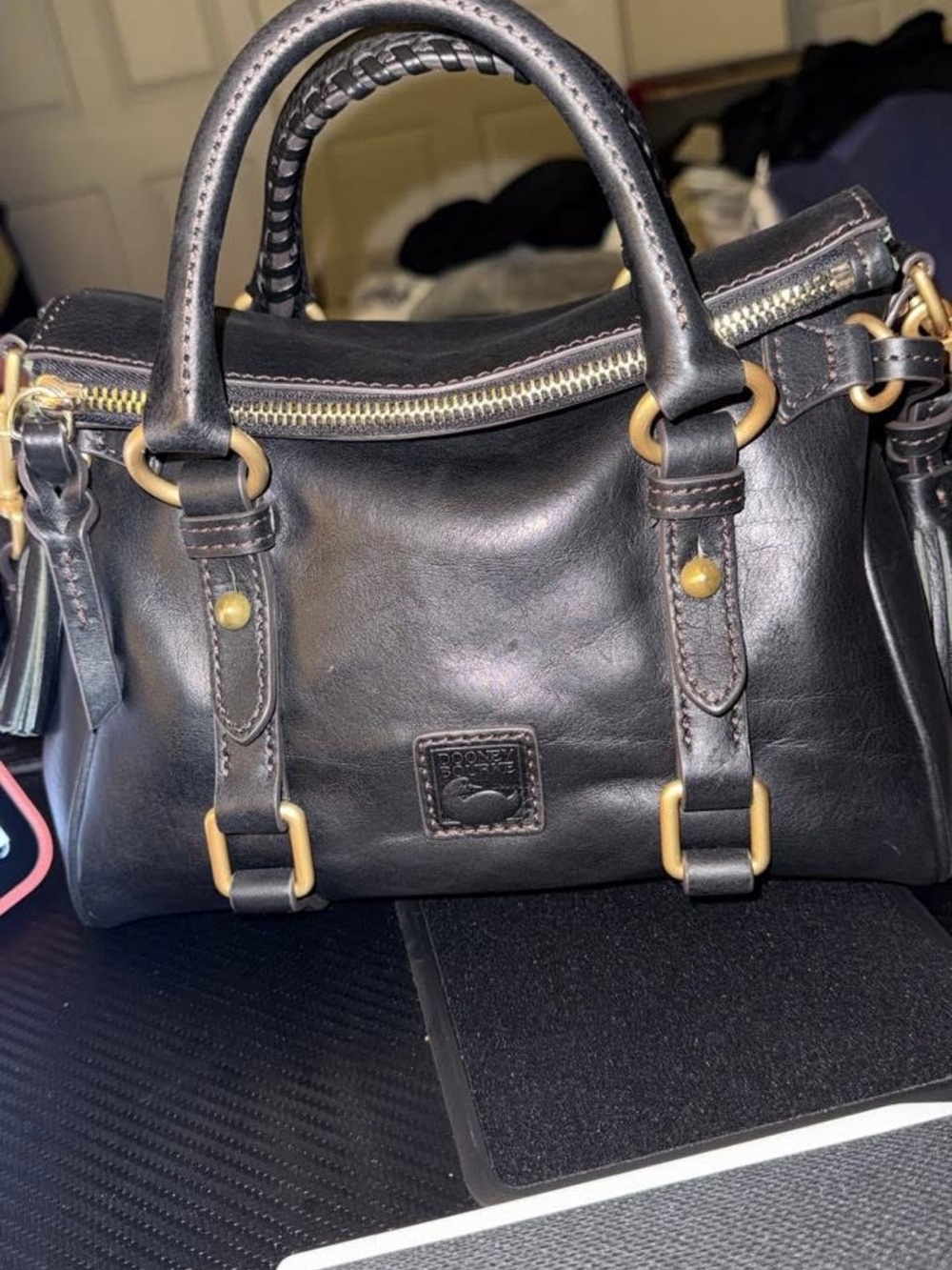 Micro Florentine Dooney & Bourke Black Leather Satchel with Brass Hardware